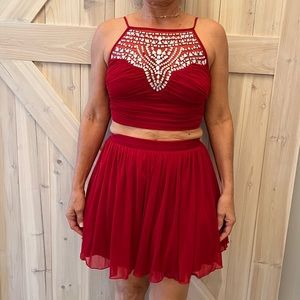 Red, two piece, dress.